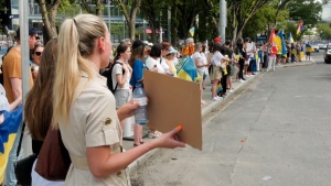 Calgarians protest Russia's latest deadly missile strike in Ukraine