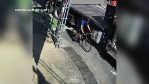 'Lucky he was not killed:' Video shows cyclist slamming into turning truck on Bloor Street