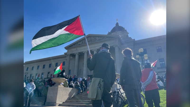 Pro-Palestinian protesters rally at Manitoba Legislative Building nearly one year after Oct. 7 attacks