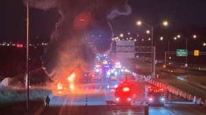 Tanker truck transporting gasoline catches fire on Highway 20