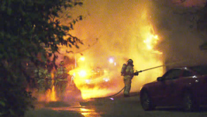 Firefighters battle garage fire at abandoned Edmonton property