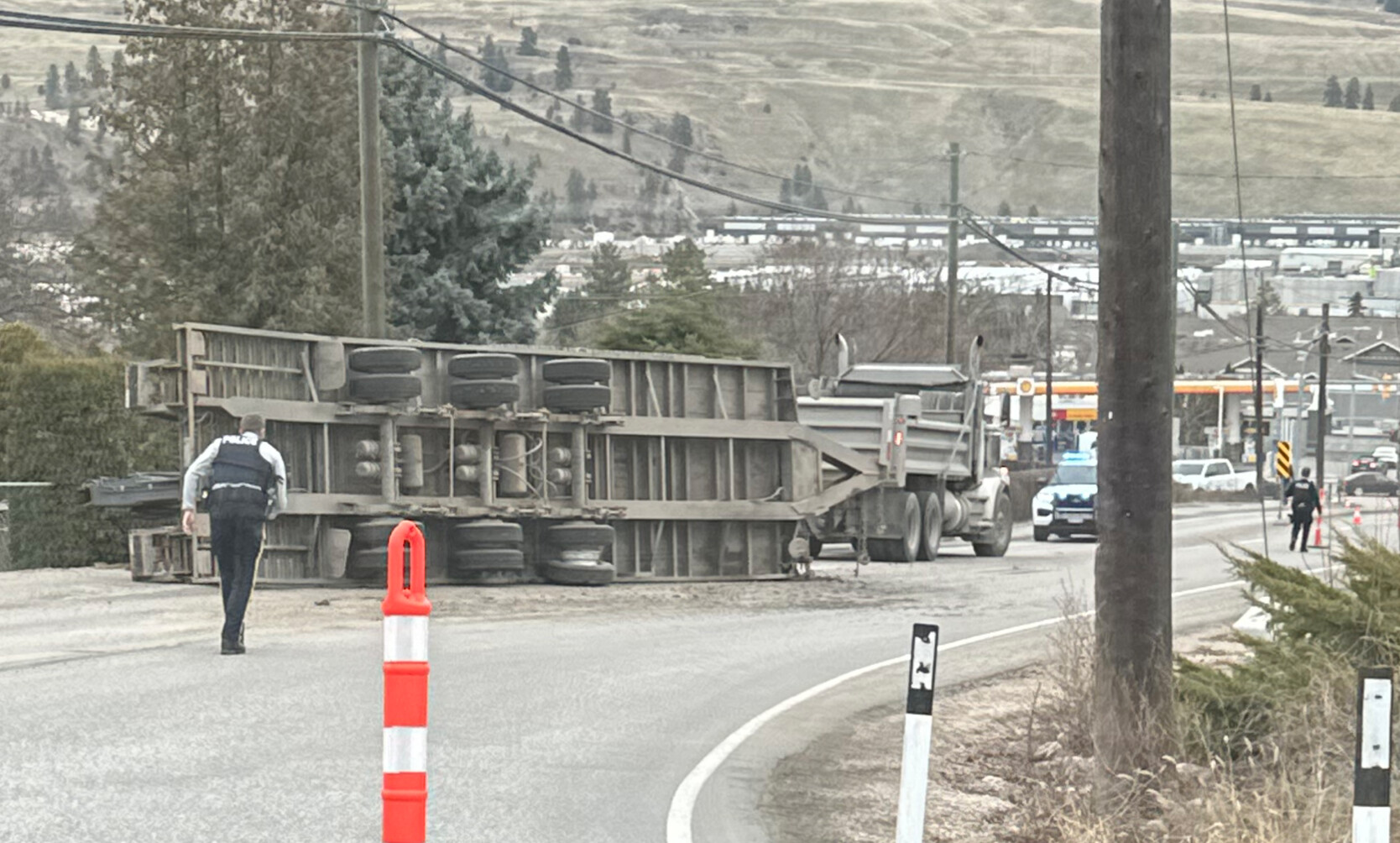 Truck partially tips over on Seaton Road near Highway 97